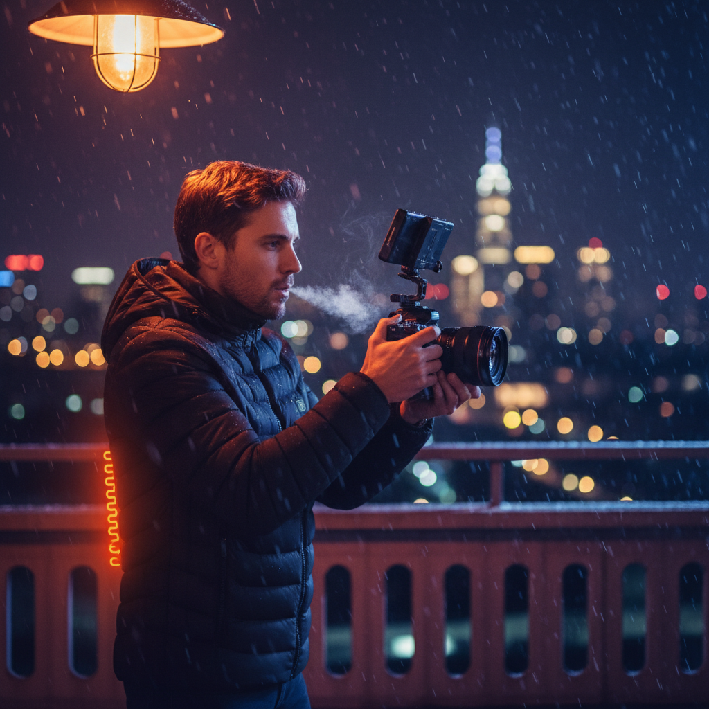 Content creator filming at night